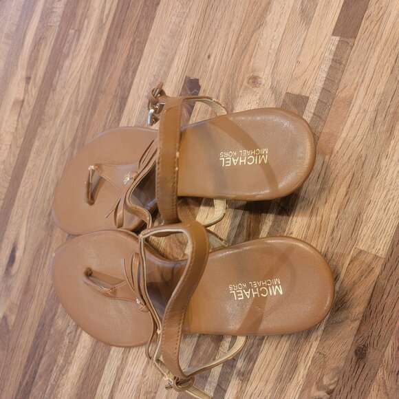 Michael Kors MK Logo Brown Leather T-Strap Low Wedge Thong Sandals - Picture 7 of 14